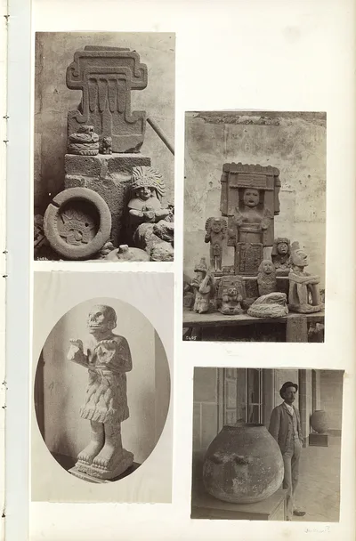Photograph from 1883: [Archaeological artifacts and man standing near…