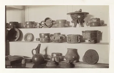 [Ancient pottery and Aztec statue], Mexico City, Mexico, 1883