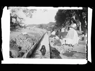 Bathing in the hot springs acequia, Aguascalientes (State), 1880