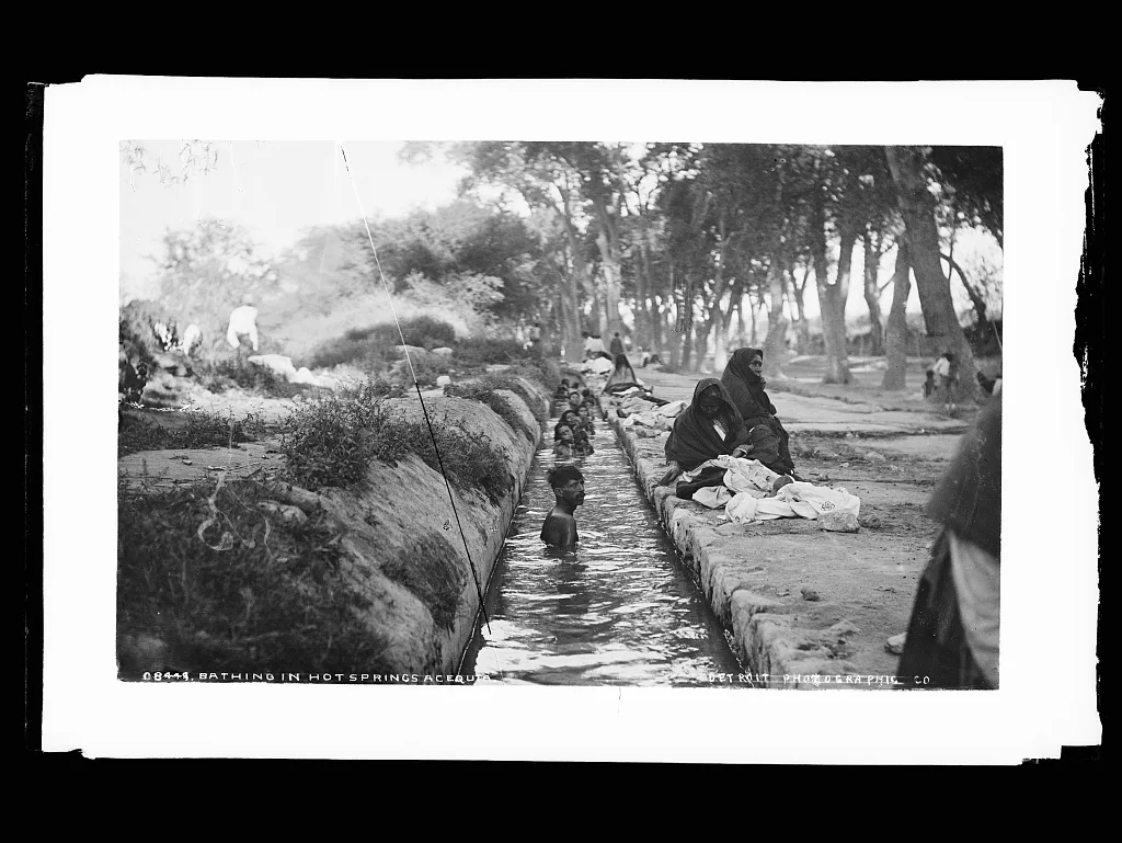 Bathing in the hot springs acequia, Aguascalientes (State), 1880