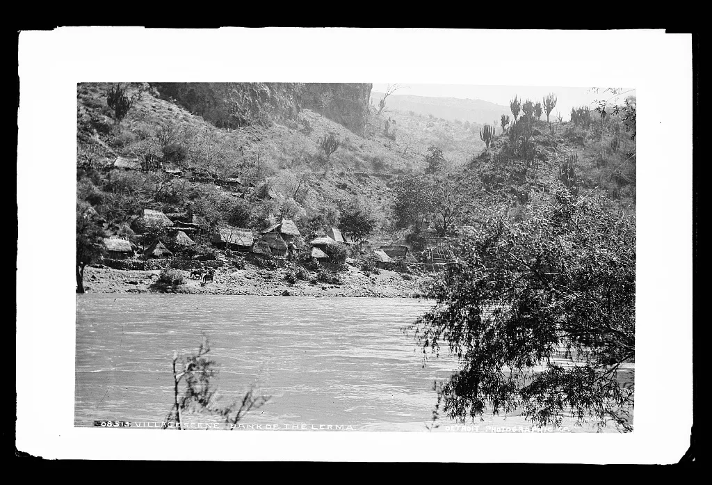 Village scene, bank of the Lerma, Mexico, Lerma River, 1880