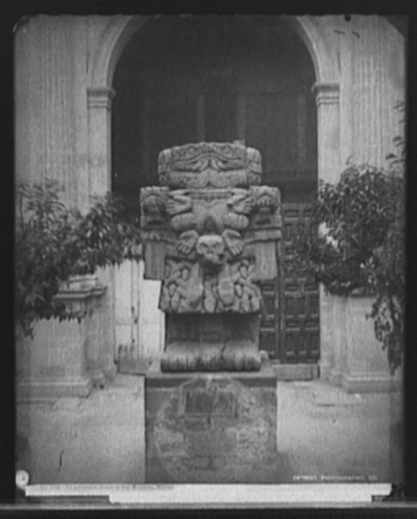 Teoyaomiqui [Coatlicue statue], court of the museum, Mexico, Mexico City, Mexico, 1880